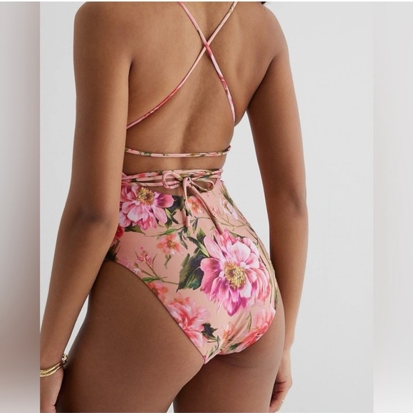 NWT Express Pink Floral Strappy Lace-Up Body Contour One-Piece Swimsuit #S01 - Picture 5 of 15
